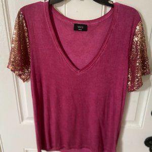 VICI Dark Mauve Sequin Sleeve T-shirt – Size Small